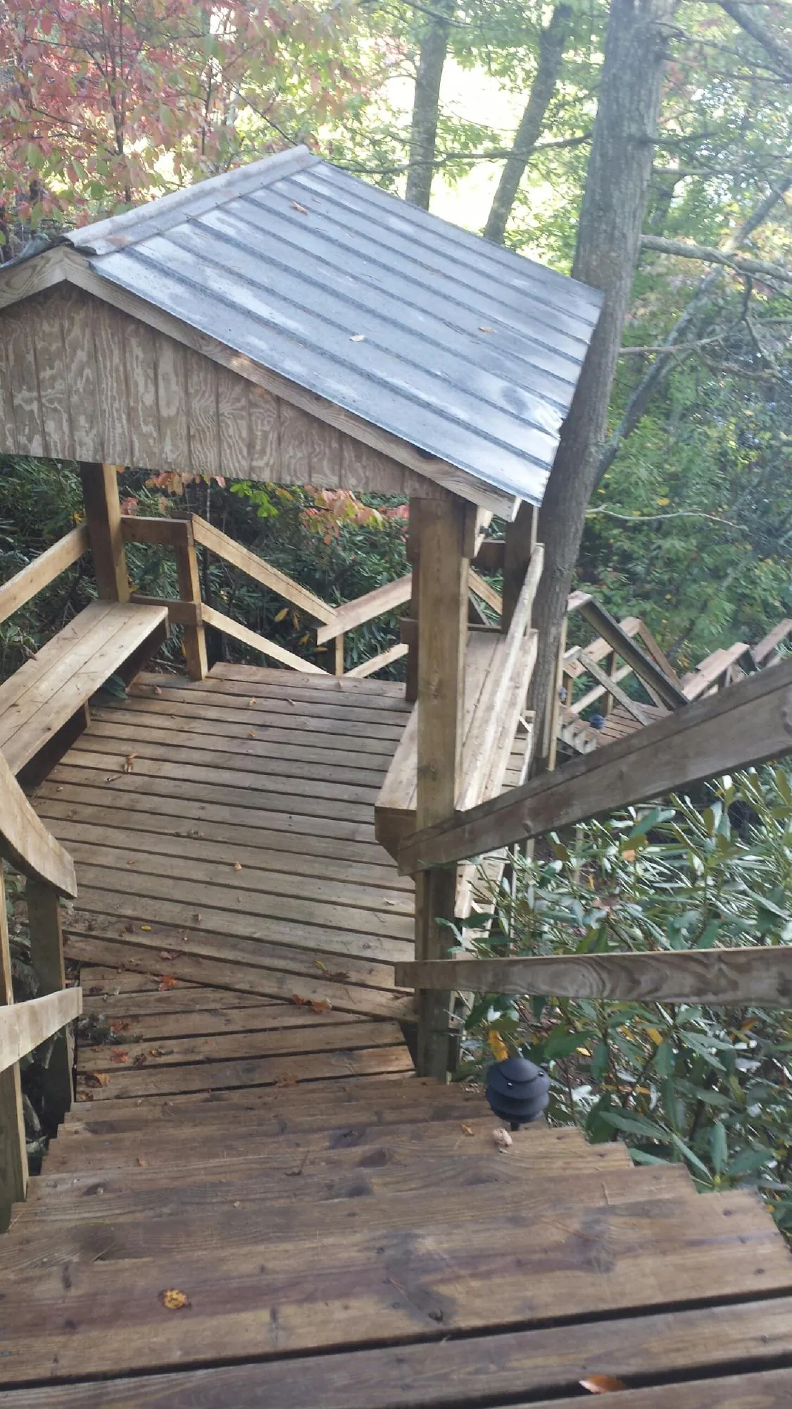 Metal roofed shelter over wooden steps on a wooded walkway — Skylight Repair & Installation work by our crew in Reagan